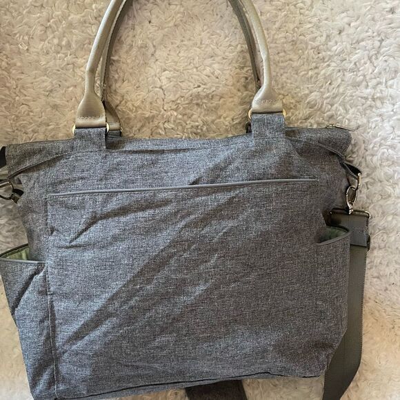JJ Cole light gray fabric Caprice diaper bag aqua blue lining . - Picture 4 of 14